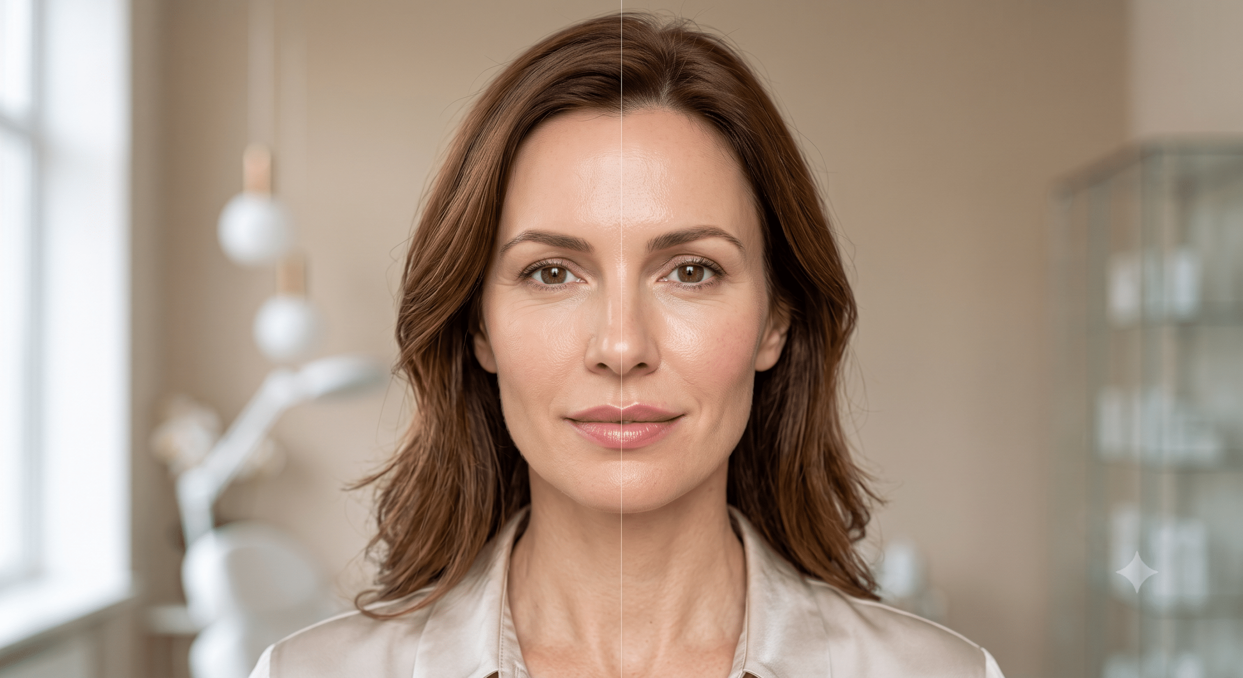 portrait of an elegant woman in her early 40s facing forward, split subtly down the center without any visible dividing line